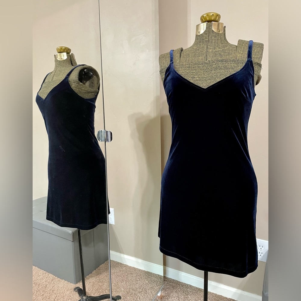 Vintage 90s Navy Velvet Mini Dress Y2K Slip Dress Party Goth Fairy Grunge Size M - Picture 2 of 12